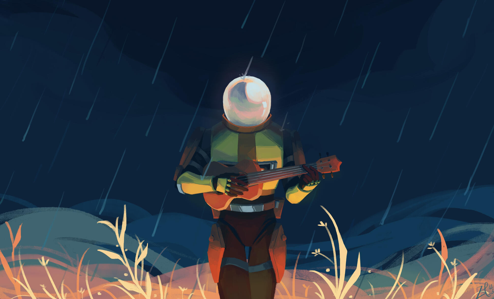 He walks in the rain with his favourite ukulele (Commando, Risk of Rain)